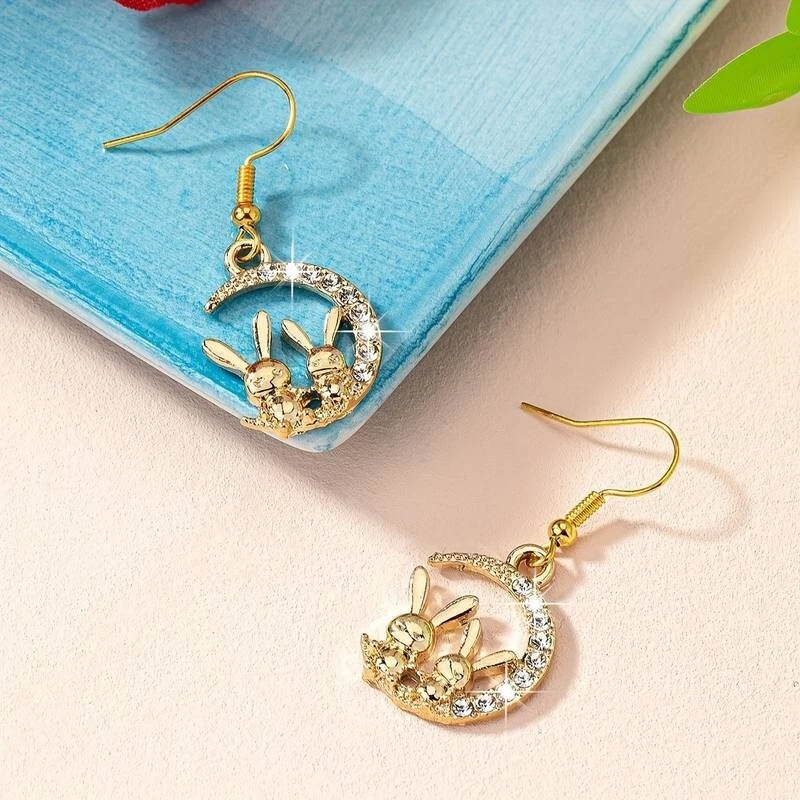 18K Gold Filled " Two Little Bunny Rabbits Sat On The Moon" Hook Earrings - Image 3 of 4