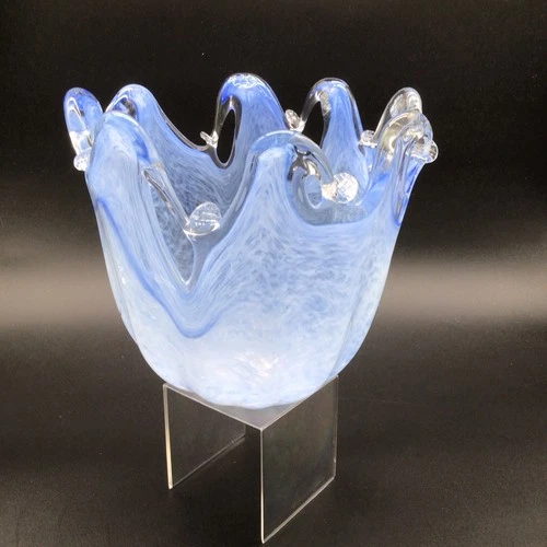 Vintage Murano Glass Blue Handkerchief Style Centerpiece Vase Made In Italy/9”