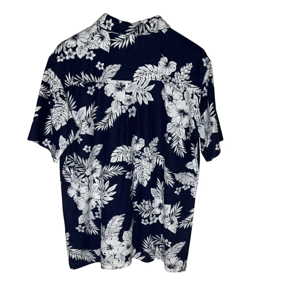 Native Youth Men's Navy Blue Hawaiian Print Short Sleeve Linen Shirt, Medium - Image 2 of 4