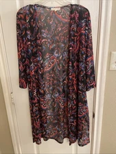 Joie de Vivre Women M Sheer Kimono Mesh Duster Poolside Coverup abstract floral