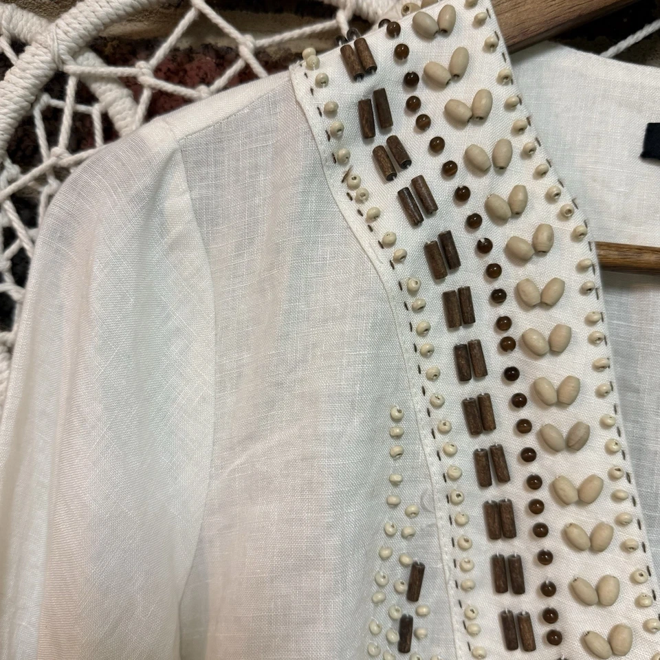 Blusa túnica ETCETERA LINO MARFIL manga campana hippie boho BEIGE CUENTAS talla 6 Foto 4 de 4