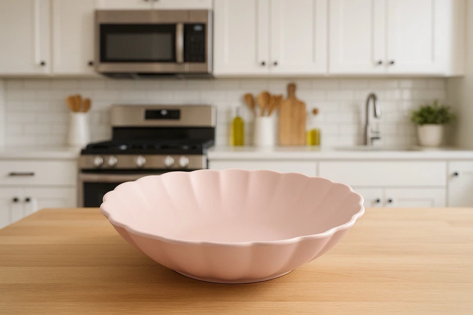 Большая розовая пластиковая сервировочная чаша Blueberry & Cove — зубчатый цветочный дизайн - Изображение 2 из 3