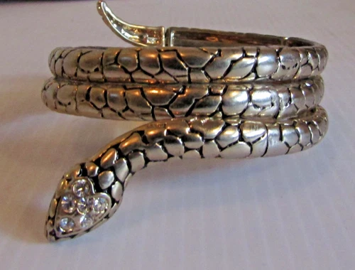 SERPENT Snake Coiled Cuff Bracelet Crystals Snake Head Cuff Silver