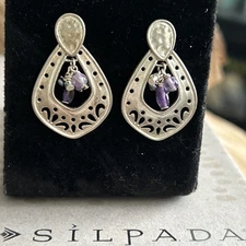 Retired Silpada Sterling Silver Amethyst Bead & Pearl Dangle Earrings P2016