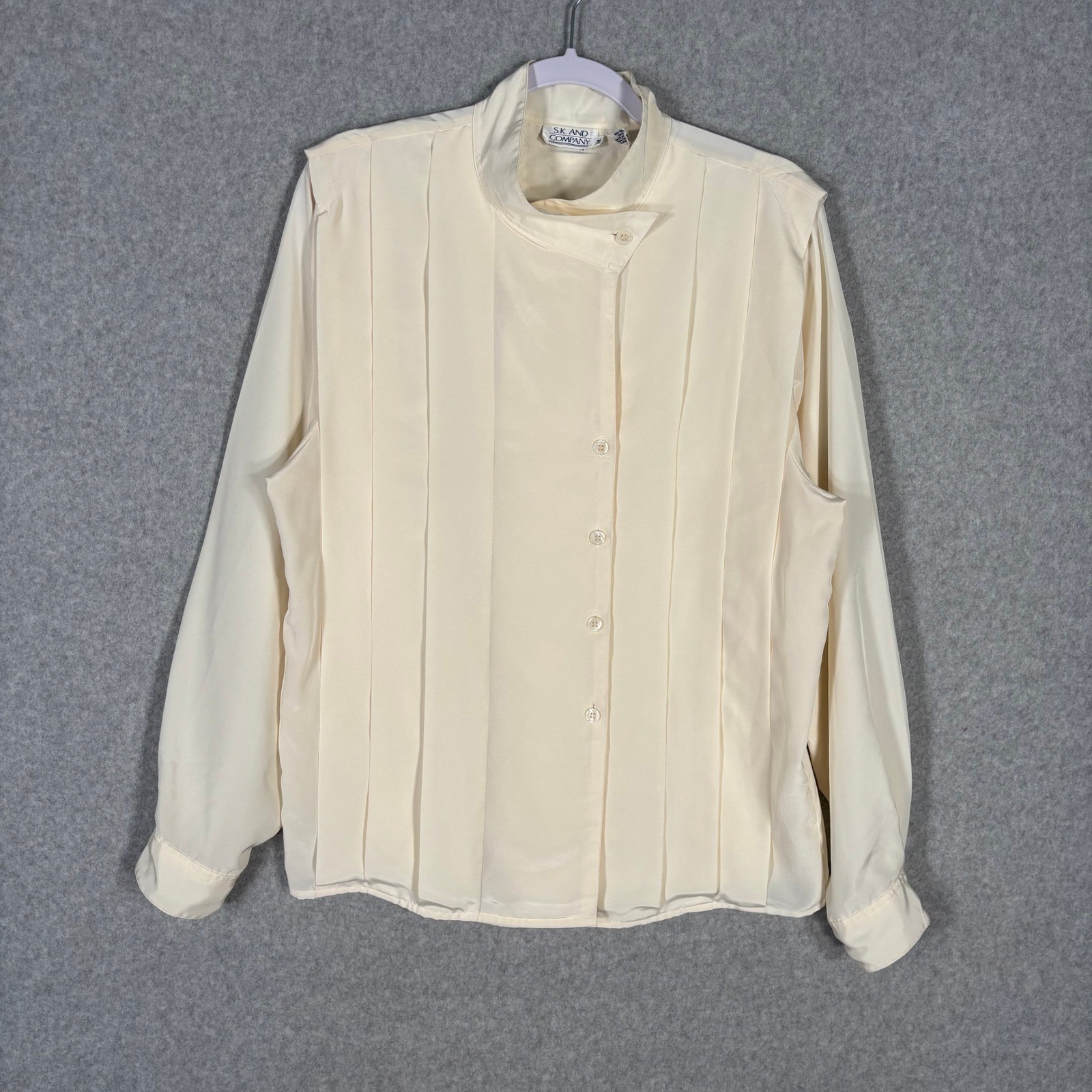 Vintage Pleated Blouse Size 14 Cream Sheer Asymmetric Tuxedo 80s 90s Secretary