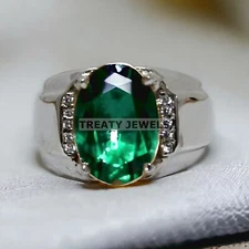 Emerald Oval Cut Gemstone With 925 Sterling Silver Ring For Men's #621