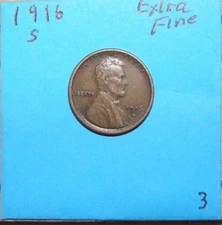 1916 S   EXTRA FINE  SIMI  KEY DATE  LINCOLN  WHEAT  CENT  #3