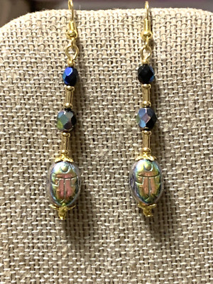NEW LISTING*CZECH GOLDEN AURORA JET VITRAIL CRYSTAL EGYPTIAN SCARAB EARRINGS-NEW