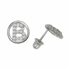 Letter "B" Initial Round Child Stud Earrings Screw Back 14K White Gold