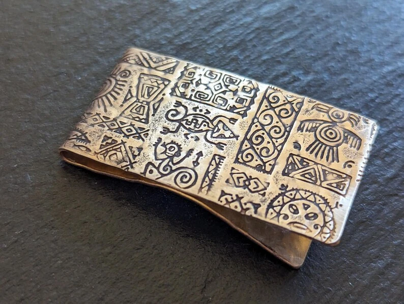 Bronze money clip with primitive symbols - handmade - Image 2 of 4