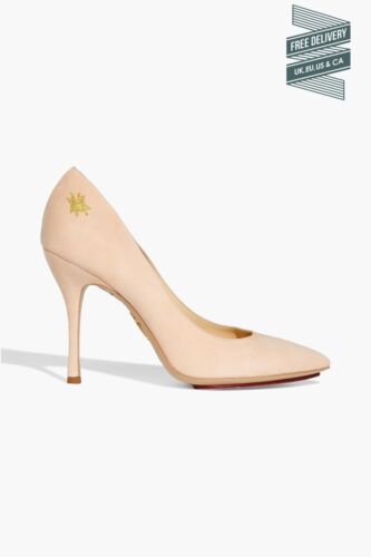 RRP€588 CHARLOTTE OLYMPIA Suede Leather Court Shoes US8.5 UK5.5 EU38.5 Heel - Foto 1 di 9