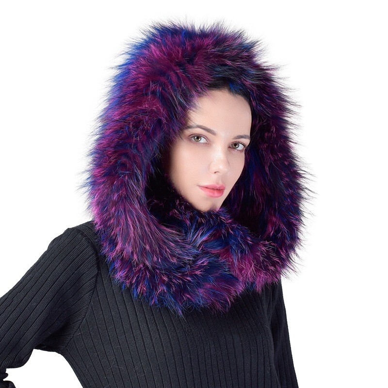 2023 Women Real Knitted Fox Fur Hat Hooded Scarf Long Neck
