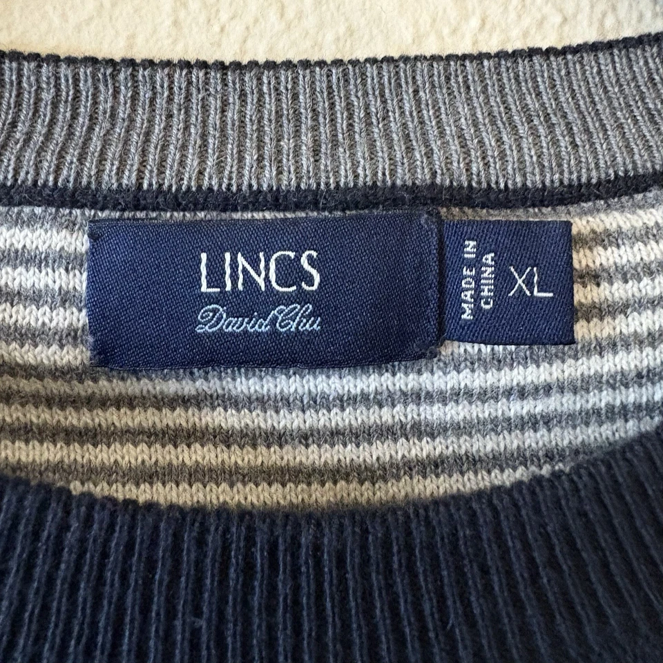 Lincs David Chu Men's Sweater XL Navy Blue Cotton Cashmere Elbow Patch Crew Neck - Image 4 of 4