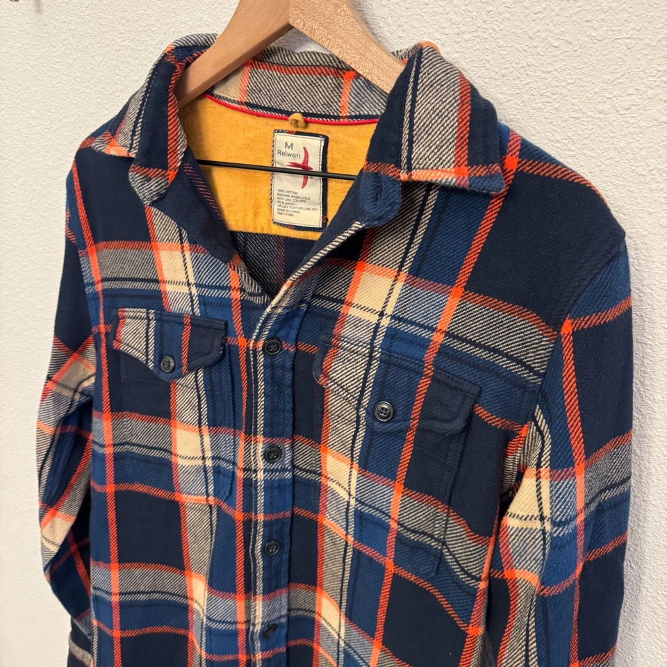 Camisa de franela de sarga cepillada Relwen para hombre mediana escocesa tartán azul naranja pesada Foto 4 de 4