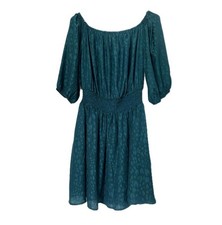 Sadie & Sage animal print midi dress shirred waist size large teal