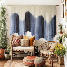 Macrame Wall Hanging Large Blue Dip Dyed Fiber Art Tapestry, Handmade Boho Wall