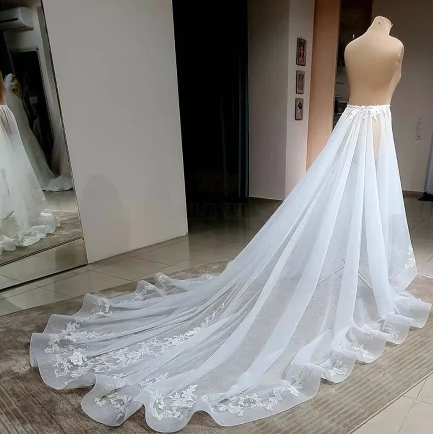 Falda desmontable de organza nupcial apliques de encaje boda tren extraíble para vestido Foto 2 de 4