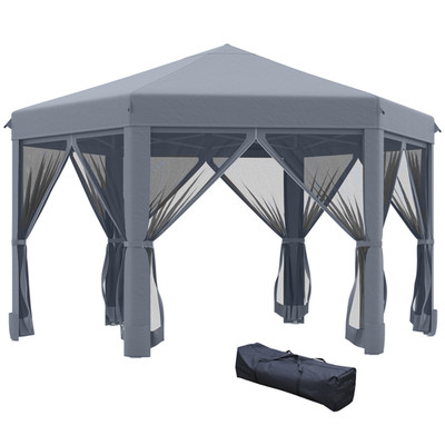 Pop Up Pavillon Sechseckig 3,2m x3,2m x2,6m Grau Atmungsaktiv Polyester Vordach + Wände