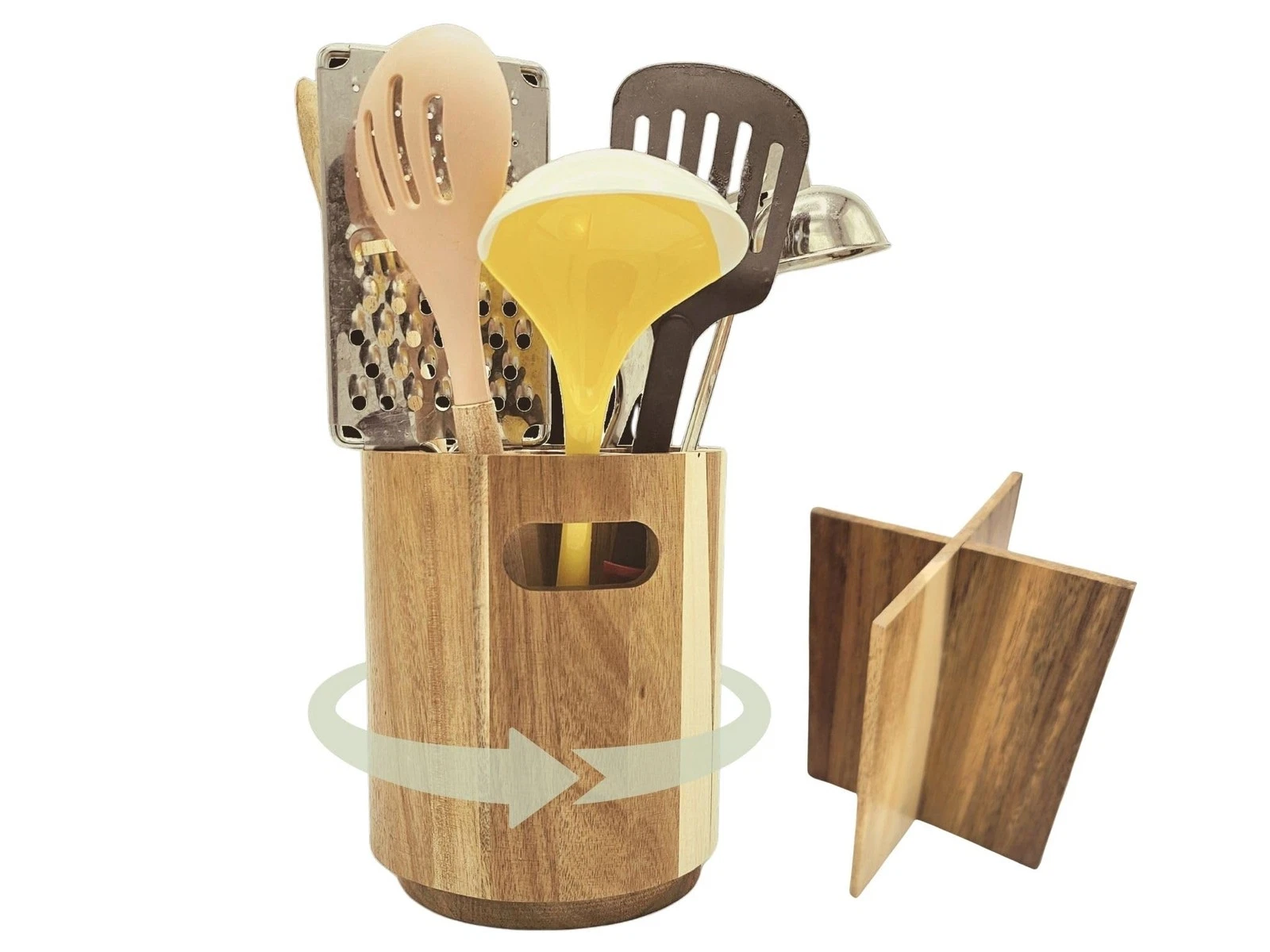 Acacia Wood Utensil Holder for Kitchen Counter, Large 360° Rotating Wooden Ut...