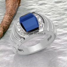 Blue Sapphire Cushion Cut Gemstone With 14K Solid White Gold Ring For Men's 283