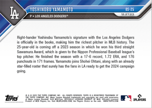2023 Topps Now Yoshinobu Yamamoto #OS25 Novato MLB LA Dodgers EN MANO - Imagen 2 de 2
