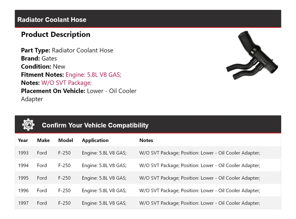 Para 1993-1997 Ford F-250 Radiador Líquido Refrigerante Mangueira Inferior - Portões Adaptador Refrigerador de Óleo - Imagem 2 de 4