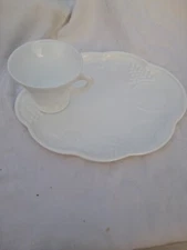 Indiana White Milk Glass Colonial Grape Harvest Snack Luncheon Cup & Plate Set