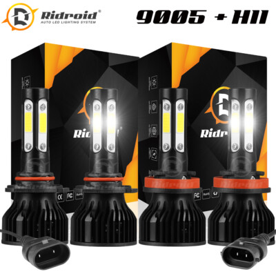 RIDROID 4-Sides LED Headlight Bulbs Kit 9005 H11 Combo High Low Beam 6500K White