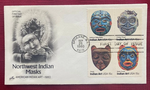 JOHN'S DEALS - US - 1980 NORTHWEST INDIAN MASKS BLOCK FDC SC#1834-37 - ARTCRAFT