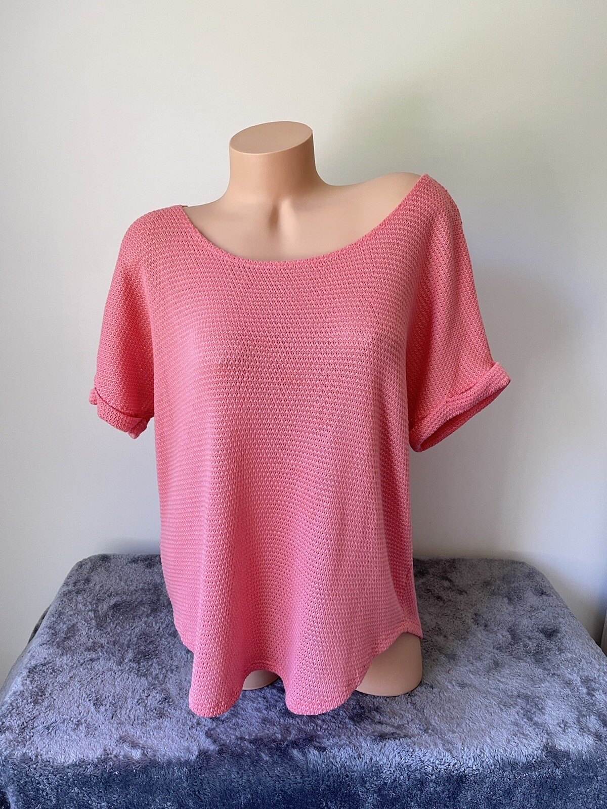 Ana Crochet Top Women's XL Coral Pink Short Sleeve Open Knit T Shirt