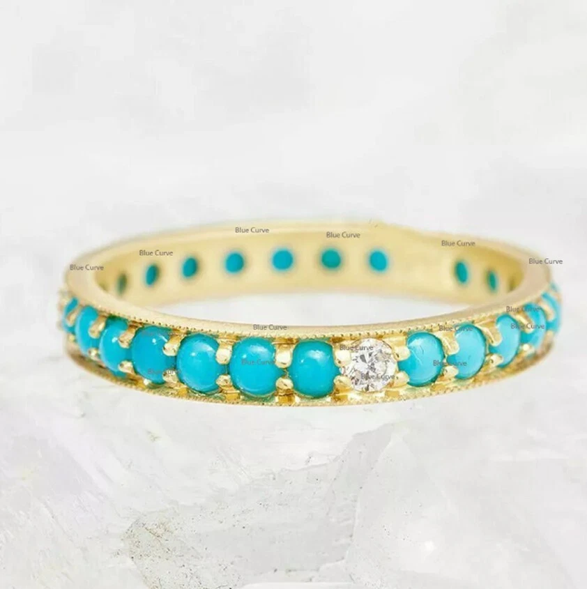 Anillo de banda de eternidad completa de diamantes turquesa y solitario anillo apilable de oro amarillo de 14 k Foto 4 de 4