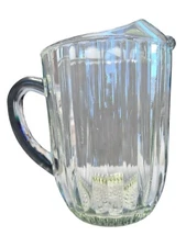 Vintage Heavy Ribbed Glass Water Pitcher With Hobnail Bottom Tinted Green