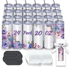 Sublimation Tumblers Bulk 20 Oz Skinny, 24 Pack Stainless Steel Double Wall Insu