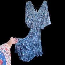 Kimono Style Blue Boho Hippie Paisley Maxi Dress Drawstring Waist, Size S/M
