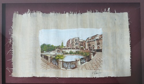 Dipinto originale papiro piazza italiana opacizzato e incorniciato firmato 11,5 x 14 in - Foto 2 di 12