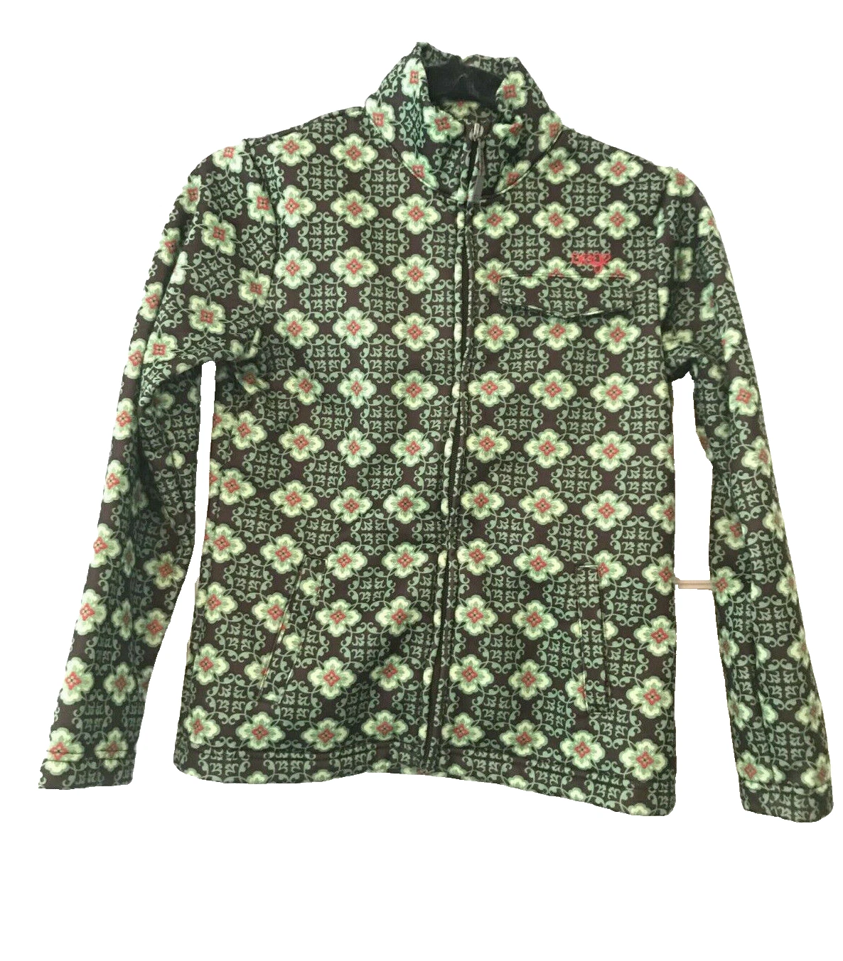 Orage Jacket Size L Youth Full Zip Green Floral Geometric Mock Neck Lightweight