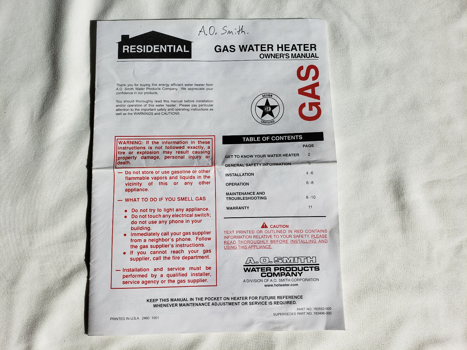 A.O. Smith Gas Water Heater Owneru0026#039;s Manual Mod: FCG, FCGL, FCGT, FGR,  FSG, FSGH | eBay
