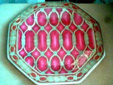 ORIENTAL ACCENT OCTAGONAL VINTAGE DECORATIVE PLATE. RED, & GOLD 11 1/8"