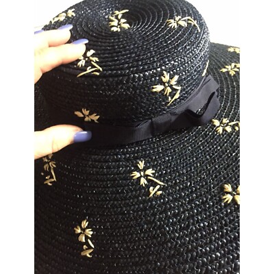 Vtg 1950\'s  Women\'s Hand Woven Straw Hat Navy Blue With Hand Sewn White Flowers A beautiful 1950 main image 3