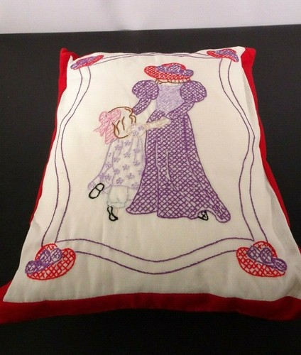 Handmade Embroidered Pillow / Red Hat Lady w/ a Little Girl / Multi-Colored 12" - Picture 4 of 12