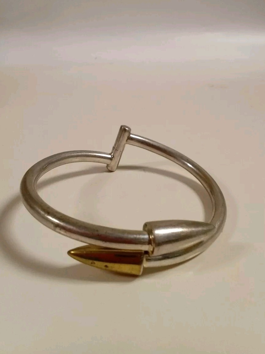 Taxco Mexico Two Tone 925 Sterling Silver Bullet End Hinged Bangle