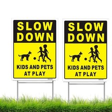 Slow Down Kids and Pets at Play Sign 12" x 9" Yard Sign with Metal H Stake Ch...
