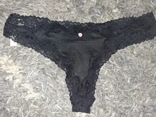 Vs lace trim Ribbed/striped thong panty NEW SIZE Medium Black 