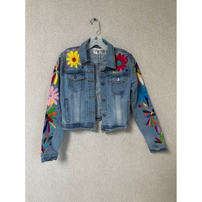 Flores Bordados Tenango Mexican Hand Embroidered Floral Denim Jacket cropped