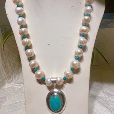 Naszyjnik ze srebra wysokiej próby z kamieniami szlachetnymi wykonany z prawdziwych pereł z prawdziwym turkusem 