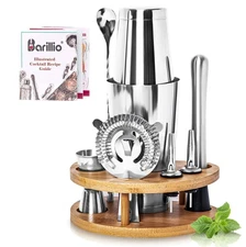 Elite Mixology Bartender Kit with Stand - Cocktail Shaker Set Bamboo Boston