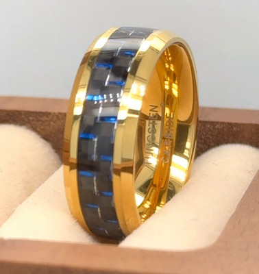 Blue Carbon Fiber Inlay Ring Gold Plated Tungsten Engrave Ring Christmas jewelry
