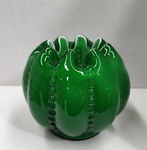 Rare Vintage Fenton Glass Rose Bowl Vase  Green Overlay Beaded Melon Pattern