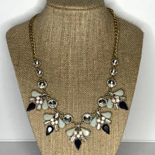 Max & Zoe NWT Cluster Necklace Clear Teal Green and Blue Rhinestones Gold Tone