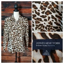 Jones New York Signature Blouse Large Petite PL Cotton Leopard Button Up Top